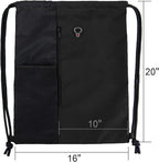 BeeGreen Black Drawstring Backpack Gym Bag For Men Women String Sports Backpack With Water Bottle Mesh Pockets And 2 Zippered Pocket Large Cinch Sackpack Workout Bag 16" x 20"