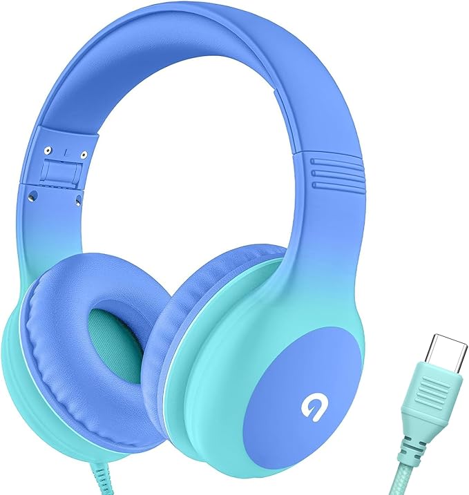 ADOOPE Wired Kids Headphones with USB C Plug, 85dB Safe Volume, Adjustable Headband, Tangle-Free Cord Headphones for School, Tablet, Travel (Sky Blue & Mint Green, Without Microphone)