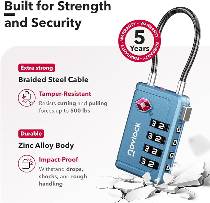 Luggage Locks TSA Approved with Inspection Indicator and Resettable 4-Digit, Easy-to-Read Combination, TSA Locks for Luggage, Suitcases, Backpacks & Travel Bags, Blue, 2-Pack