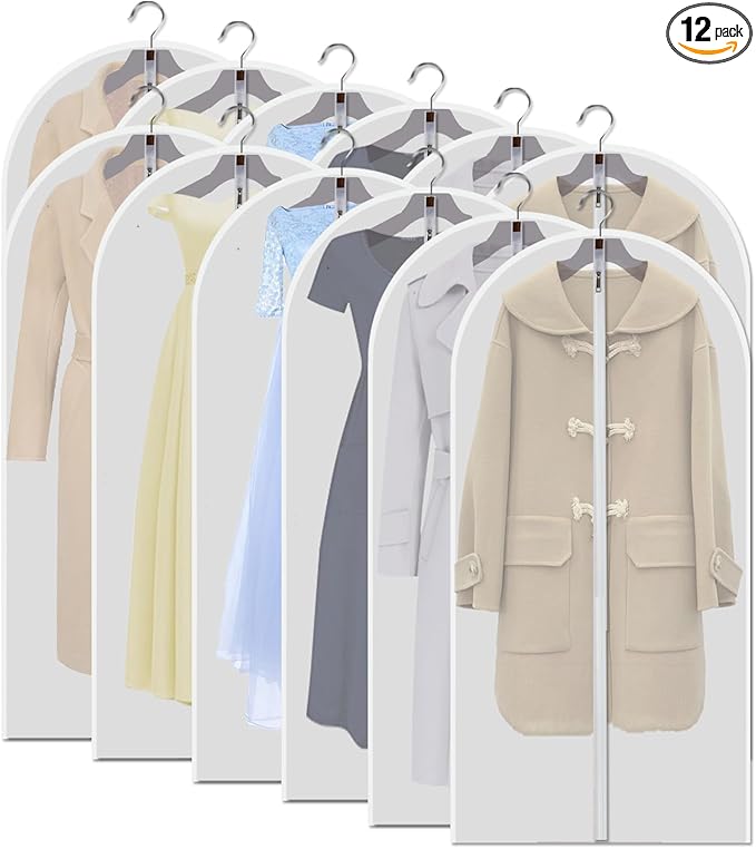12-Pack 48-Inch Clear Garment Bags with Full Zipper - Dustproof Hanging Storage for Closets, Travel, and Seasonal Clothing Protection
