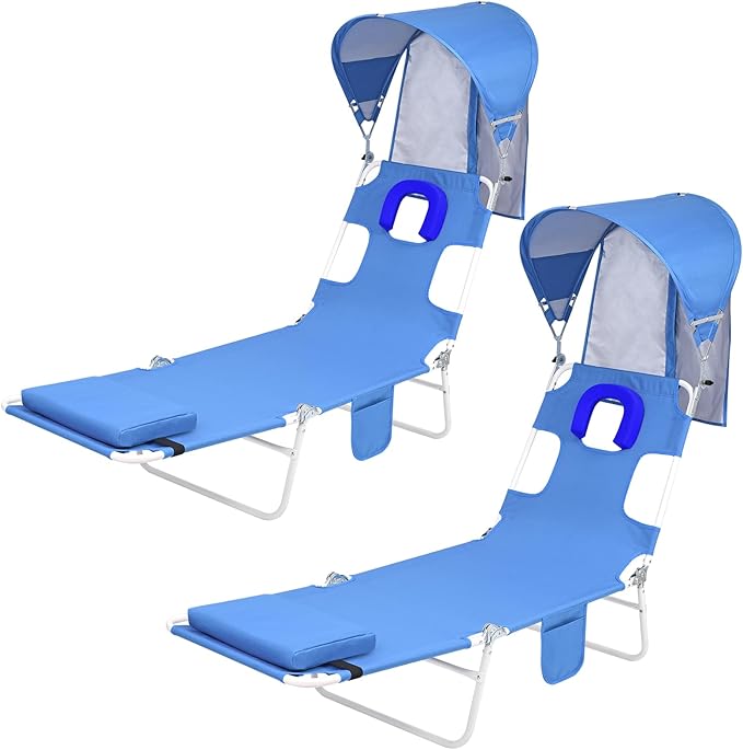 Backpack Beach Tanning Chair with Canopy and Face Hole, 6-Position Folding Lay Out Lounge Chair, UPF 50+ Wind-Resistant Sun Shade, Portable Recliner for Sunbathing, Outside, Poolside, Lawn, 2Pack