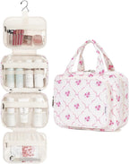 Narwey Hanging Toiletry Bag for Women Travel Makeup Bag Organizer Toiletries Bag for Travel Size Essentials Accessories Cosmetics (Bowknot and Flower (Medium))