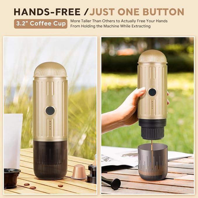 Portable Espresso Machine For Travel, USB-C Charging, Self-Heating Electric Espresso Maker, 19 Bar Mini Coffee Maker On the Go For Camping/Hiking, Ground Coffee & NESPRESSOpods (Light Gold)