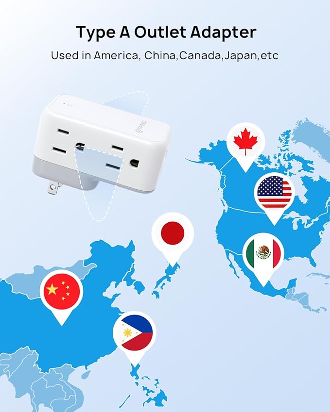 TROND 3 to 2 Prong Adapter, 2 Prong Outlet Adapter with 360° Rotating Plug, 6 AC Outlet Extender, Travel Power Splitter for US to Japan, Plug Extender for Old House Travel Essentials