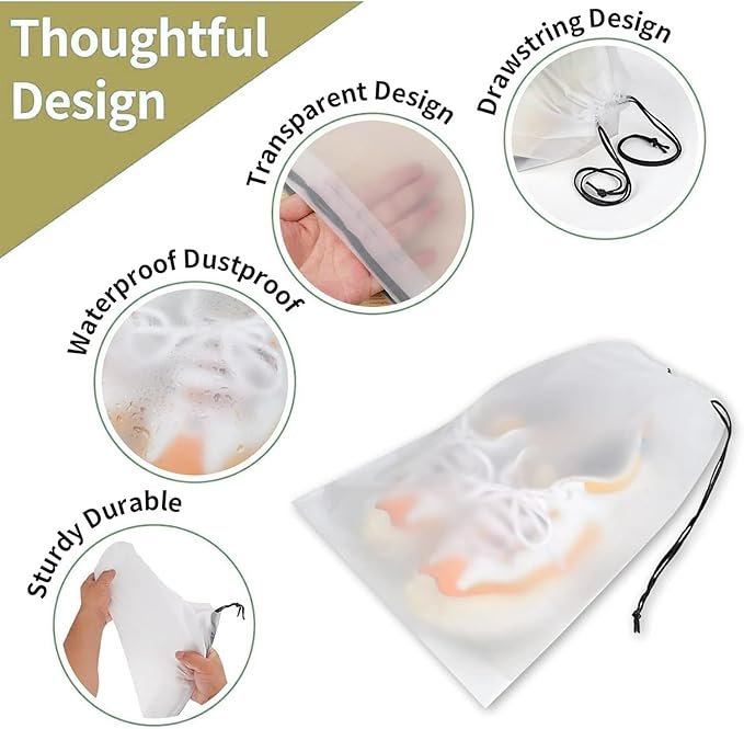 6 Pack Large Transparent Travel Shoe Bags, Clear Plastic Drawstring Bags for Shoes – 15.7 x 11.8 Inch Dust Bags for Men, Women, Luggage Organization