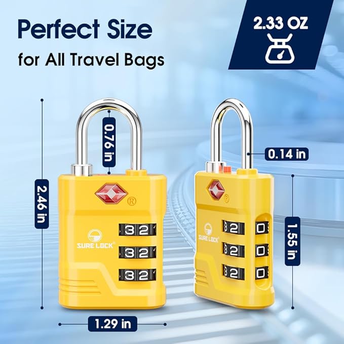 SURE LOCK TSA Approved Luggage Lock – 3-Digit Resettable Combination Padlock with Open Alert Red Dot, Large Easy-Read Dials for Suitcases, Backpacks, Gym & School Lockers(Yellow 4 pk)