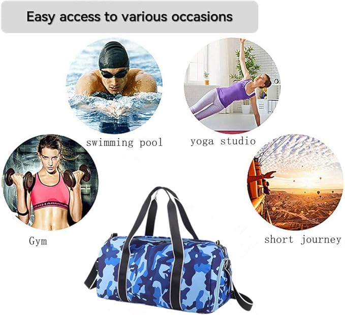 mezhsa Kids Overnight Duffle Bag Girls Boys Sports Gym Bag with Shoe Compartment Wet Pocket Camouflage travel bag (Blue)