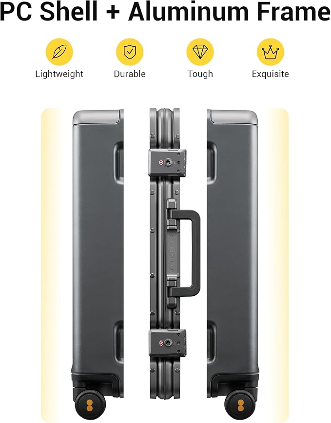 LEVEL8 Zipperless Carry On Luggage Airline Approved with Aluminum Frame, Hard Shell Suitcase with Spinner Wheels, Metal Checked Luggage, 20 Inch, Grey