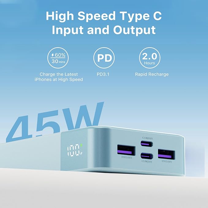 JUOVI J2621 Power Bank Portable Charger 20000mAh 45W, PD3.0 QC 4.0 Fast Charging Battery Pack with LED Display,2 USB-C,2 USB-A for iPhone 15 16, MacBook