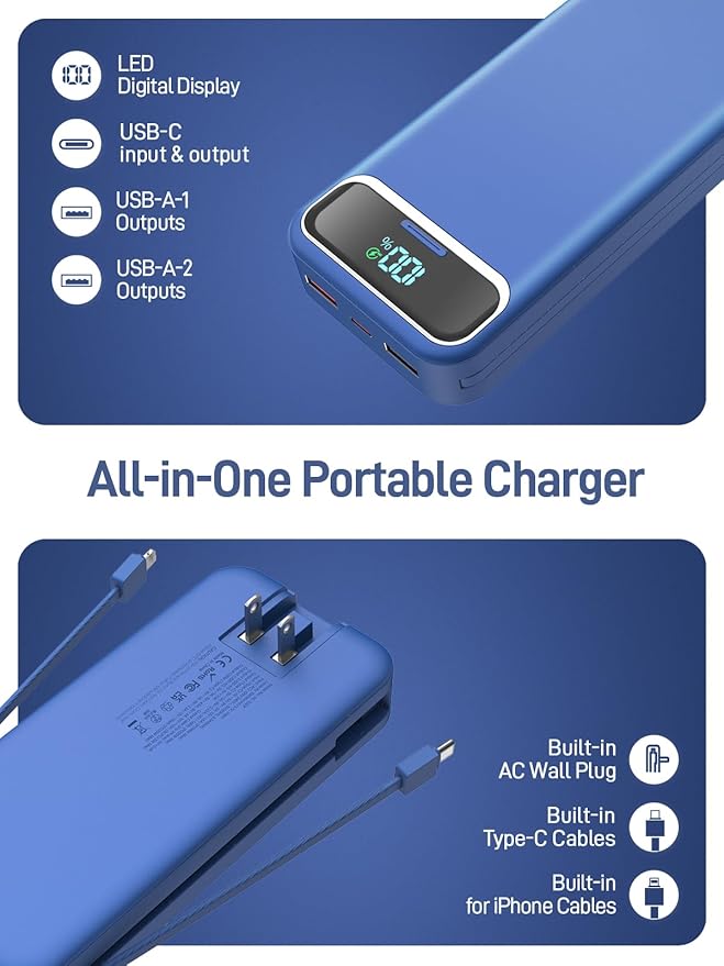 Portable Charger, 20000mAh 22.5W Fast Charging Power Bank with Built-in Cables & Wall Plug, Travel Essential External Battery Pack with LED Display, USB C Battery Phone Charger for iPhone Samsung Navy