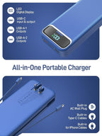 Portable Charger, 20000mAh 22.5W Fast Charging Power Bank with Built-in Cables & Wall Plug, Travel Essential External Battery Pack with LED Display, USB C Battery Phone Charger for iPhone Samsung Navy
