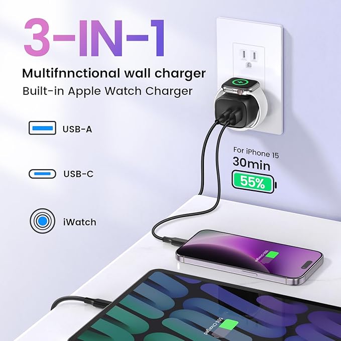 TOPADRE Charger for Apple Watch, USB C Charger Block, 3-in-1 20W Fast Charging, Portable Plug Travel Essential Charge for iWatch Ultra/SE/11/10/ 9/8/ 7/6, iPhone 16/16 Pro/ 15 Series, White