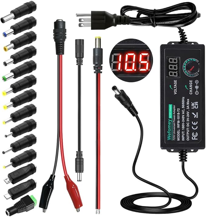 Universal Power Supply 3V~24V 3A 72W Adjustable Variable 3V 5V 6V 9V 12V 15V 18V 20V 24V AC/DC Adapter Charger, 100V-240V AC to DC Converter with 14 Tips and Polarity Converter