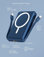podoru for Magsafe Battery Pack, 10000mAh Magnetic Power Bank Built-in Double USB C Cables 20W PD Fast Charging LED Display Wireless Portable Charger for iPhone 17/16/15/14/13/12 Series-Navy Blue