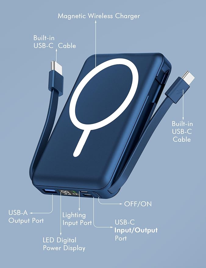 podoru for Magsafe Battery Pack, 10000mAh Magnetic Power Bank Built-in Double USB C Cables 20W PD Fast Charging LED Display Wireless Portable Charger for iPhone 17/16/15/14/13/12 Series-Navy Blue