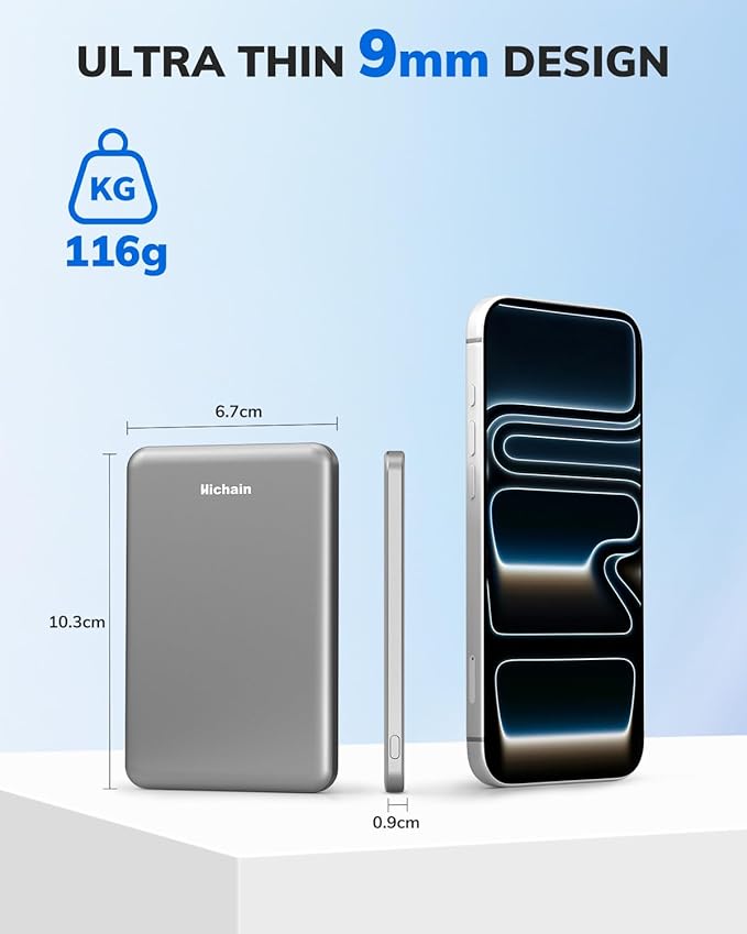 Hichain Magnetic Portable Charger for iPhone, Wireless Power Bank 5000mAh Magnetic Charger for iPhone 17 16 15 14 13 12 Series, Magnetic Safe Charging with 60W USB C Charge Cable - Dark Grey