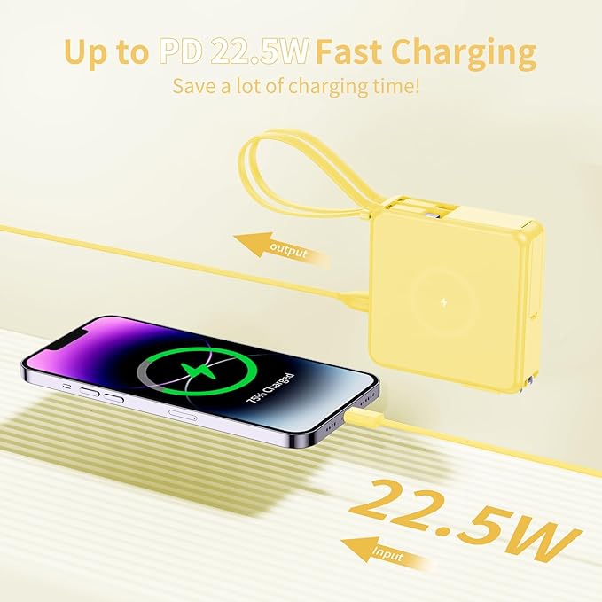 Wireless Charging Portable Charger with Built-in Cables & AC Wall Plug, 10000mAh Power Bank with LED light, PD 22.5W Fast Charging Travel Portable Charger for iPhone, Samsung, Android(No-Magnetic)