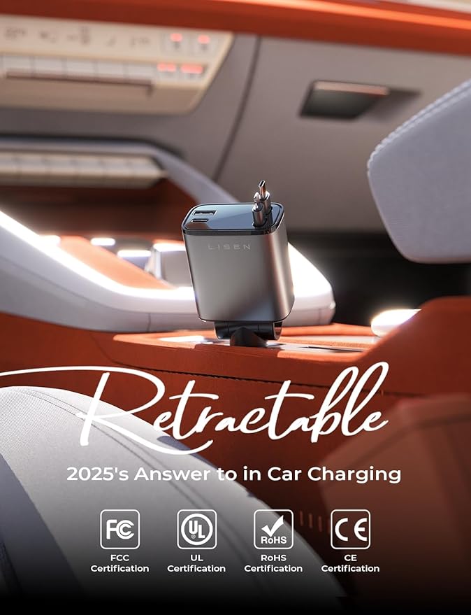LISEN Retractable Car Charger Gift Box Edition, 84W Cars Phone Charger with Retractable Cable, Car Accessories Gifts for Men Women, 2025, USB C Fast Cars Adapter for iPhone 17 16 15 14