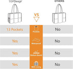 TOPDesign Utility Water Resistant Tote Bag with 13 Pockets, Top Zipper Closure & Thick Bottom Support, for Working Women