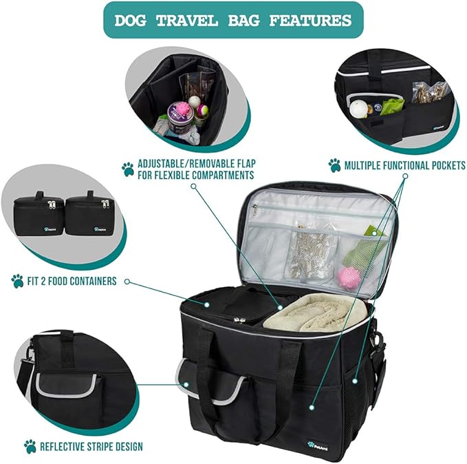 PetAmi Dog Travel Bag, Travel Pet Bag Organizer, Dog Food Travel Bag with Container Collapsible Bowls, Pet Travel Supplies Gift Accessories for Weekend Camping, Puppy Cat Diaper Bag, Black Large