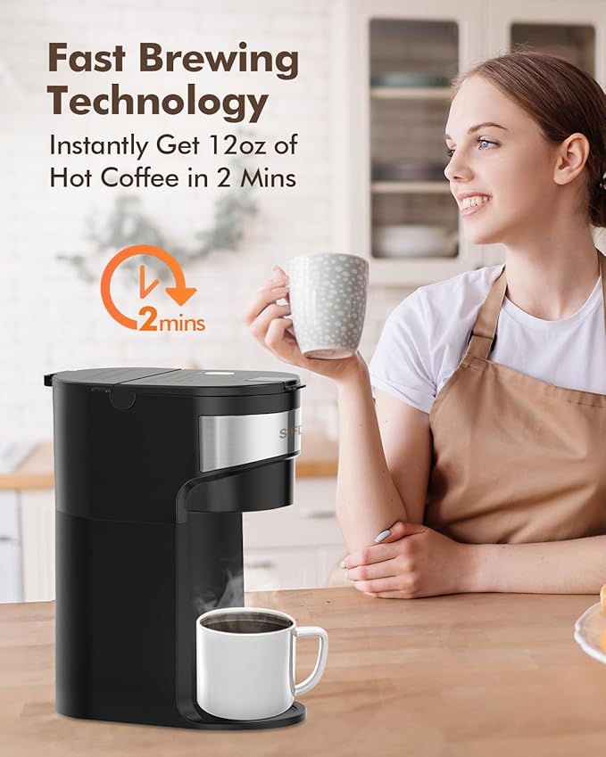 SIFENE Mini Coffee Maker Single Serve, One Cup for K Pod & Ground Coffee, 6 to 12 Oz Brew Sizes, Capsule Coffee Machine with Water Window and Descaling Reminder, Black