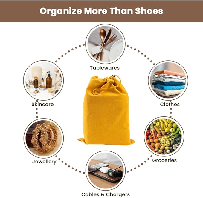 LFH Cotton Rich Shoe Storage Bags with Drawstring, Dustproof Breathable Reusable Organizer, Perfect For Travel, Dorm, Hotel, College, Gym, Easy to Carry, Machine Washable 8"x17" (Pack of 4) - Golden