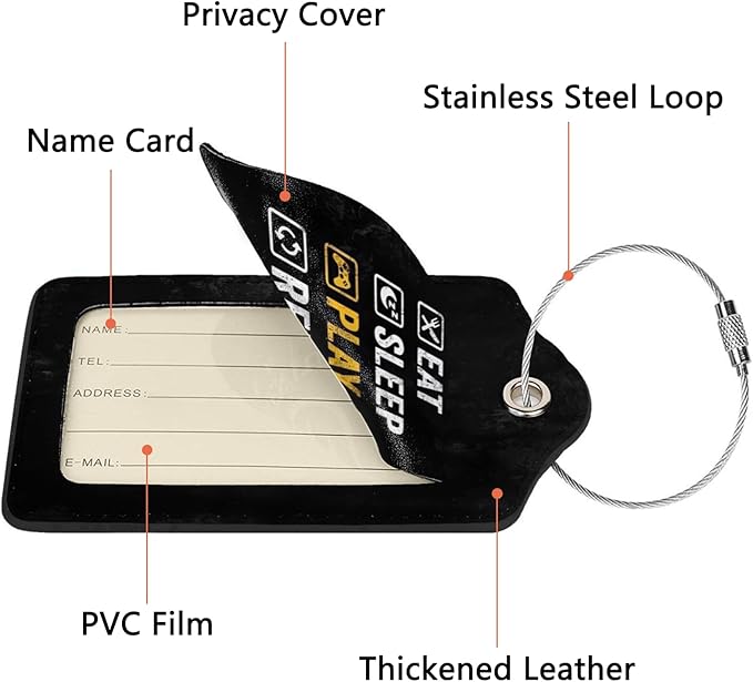 GACCAP 2 Pack Luggage Tags for Suitcase, Privacy Cover ID Label with Stainless Steel and Address Card for Travel Bag Backpack Cruise Ship Essentials Tag Men Boys - Eat Sleep Play Repeat