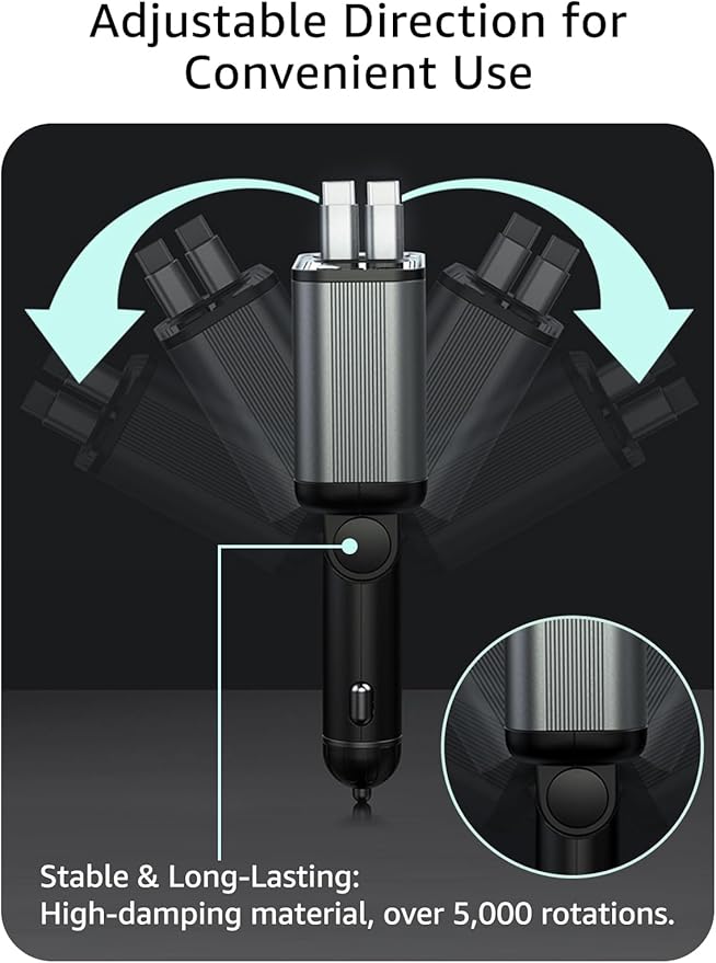 Retractable Car Charger USB C,145W Type C Car Charger Fast Charging with Dual Retractable USB C Cable and USB Ports for iPhone 17/16/15,S25/24/23/22, Pixel 9/8/7（Build-in Dual Type C Cable）