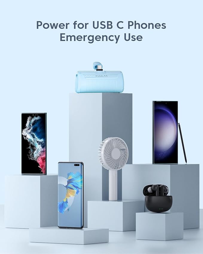 Kuulaa Portable Charger USB C with Built-in USB-C Plug, 4500mAh Mini Power Bank Small Battery Pack for iPhone 15/16,Samsung S22/S23 & Android (Blue)