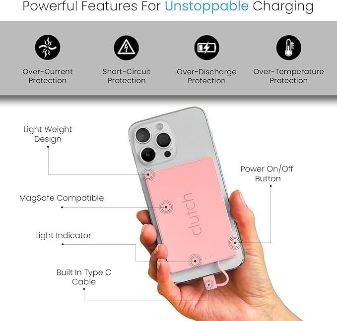 Clutch Pro – World's Thinnest Portable Charger – USB-C Power Bank 5000mAh – Magnetic Built-in Cable – TSA Approved Travel Charger – iPhone 15/16/17 & Android – Pink