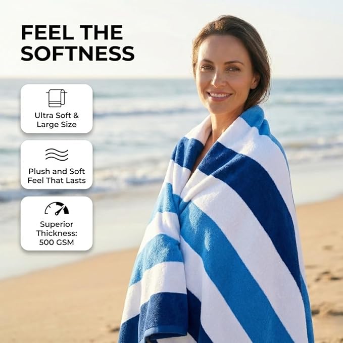 Premium Velour Cabana Beach Towel 2 Pack, 30” x 60” Soft Plush Cotton Pool Towel, Absorbent Quick Dry Towel for Beach and Pool (Riviera Stripe)