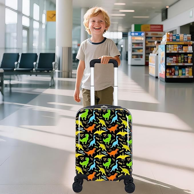 2Pcs Kids Suitcase Set, 16.5" Hardside Boys Travel Luggage with Spinner Wheels, Dinosaur Carry on Rolling Luggage Airline Approved (Black)