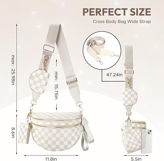 Cross Body Bag for Women Bum Bag Checkered Belt Bags Fanny Packs for Girls Travel Purse Fashion Waist Packs Crossbody Nylon Purse Trendy Shoulder Bags for Womens