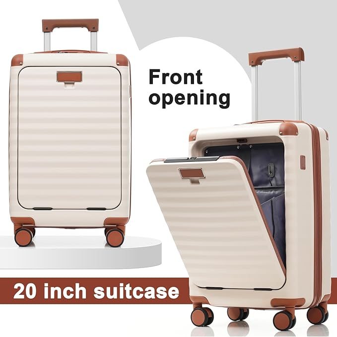 5 Piece Luggage Set w/TSA Locks & USB Port, Front Opening Hard Shell Luggage Sets, Expandable Suitcase Set with Wheels and Cup Holder(20"/24"/28") (Brown White)