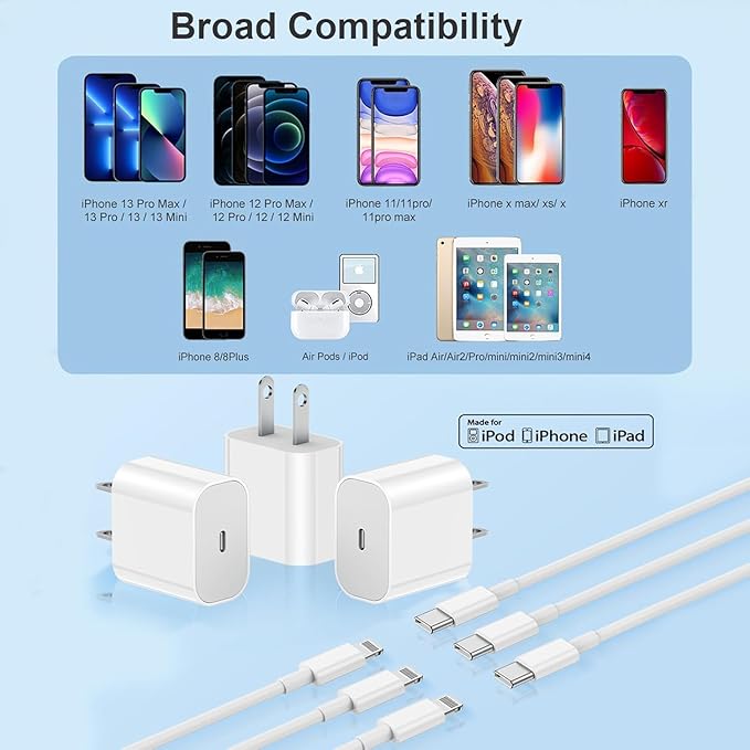 Susnwere 2Pack iPhone Charger Fast Charging,20W Fast PD USB C Wall Charger Adapter with 10Ft USB C to Lightning Cable Compatible for iPhone 14/14 Plus/14 Pro/14 Pro Max/13/ White