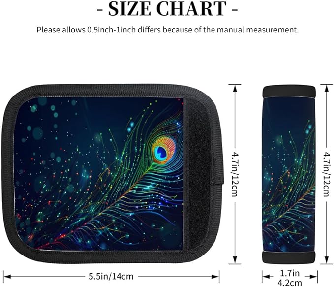 Abstract Colorful Peacock Feathers 2 Pack Luggage Handle Wrap Set of Neoprene Luggage Tags for Suitcases Bag Strap Wrap Cover Travel Airplane Accessories Covers Markers Sleeve Grips Identifiers Cruise