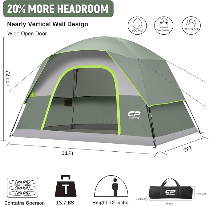 CAMPROS CP Camping Tent 2/4/6 Person, Waterproof Windproof Double Layer Dome Tent, Easy Setup with Large Mesh Windows & Wide Door for Outdoor Camping Backyard