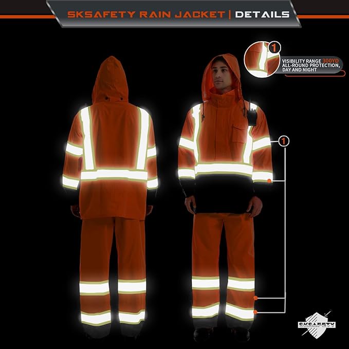 SKSAFETY Hi Vis Safety Rain Jacket for Men, Construction Work Rain Gear Heavy Duty Class 3 Rain Coat Waterproof Lightweight