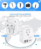 LENCENT European Travel Plug Adapter, PD 45W Type C Foldable Power Plug with 4 Outlets 4 USB Ports, USB Fast Charger Adaptor, Power Adaptor for US to Most of Europe EU Spain Italy France Germany
