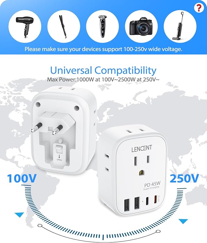 LENCENT European Travel Plug Adapter, PD 45W Type C Foldable Power Plug with 4 Outlets 4 USB Ports, USB Fast Charger Adaptor, Power Adaptor for US to Most of Europe EU Spain Italy France Germany
