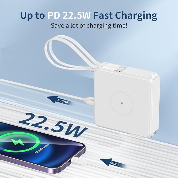 Wireless Charging Portable Charger with Built-in Cables & AC Wall Plug, 10000mAh Power Bank with LED light, PD 22.5W Fast Charging Travel Portable Charger for iPhone, Samsung, Android(No-Magnetic)