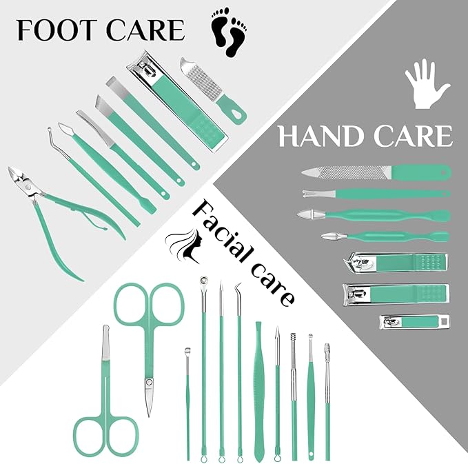 MINKINH Travel Manicure Set 26-Piece, Portable Nail Clippers Kit with PU Case, Carbon Steel Clippers, 410 Stainless Steel Grooming Tools, Hand Foot Facial Care for Luggage Backpack（Green）