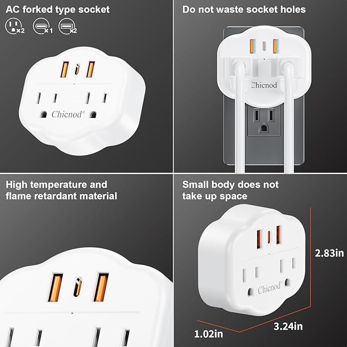 5 in 1 Wall Outlet Extender with USB & Type-C, Surge Protector, 2 AC Outlets, 1050J Fireproof, ETL/FCC Certified, Compact for Travel, Office, Home