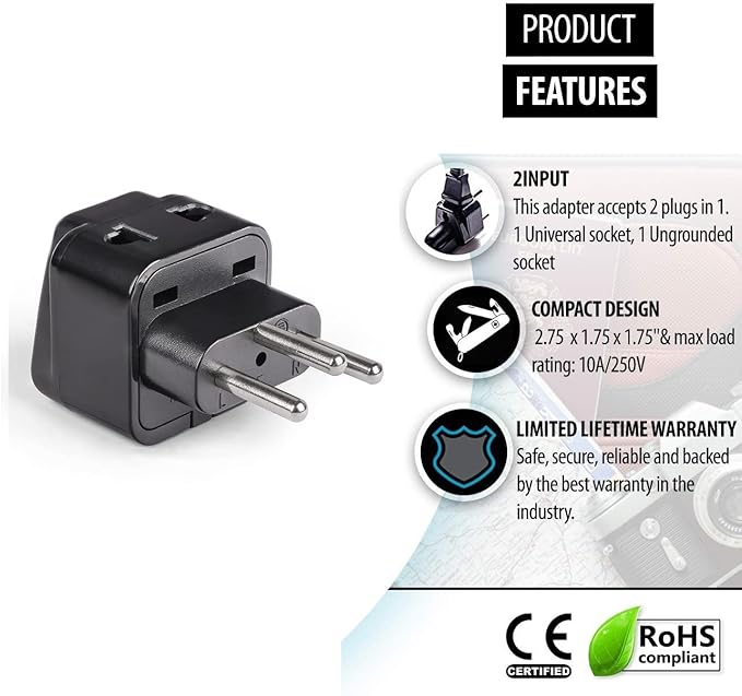 OREI USA to Switzerland Plug Adapter - Type J Adapter Compatible with Switzerland, Rwanda, Liechtenstein - 2 in 1 Swiss Plug Adapter - CE Certified - RoHS Compliant - 2 Pack - Black Color