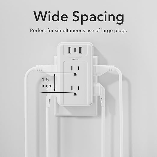 BN-LINK Multi Plug Outlet, 6 Wall Outlet Extender with 3 USB Charging Ports (1 USB C) Total 3.4A, 3-Sided Outlets Splitter Multiple Outlet Wall Plug for Home Office Dorm Room