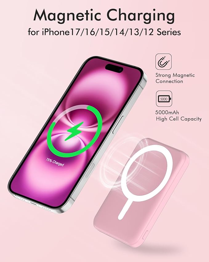 podoru for Magsafe Battery Pack, 5000mAh Magnetic Power Bank with Type-C Cable 20W PD Fast Charging Lighting Input Wireless Portable Charger for iPhone 17/16/15/14/13/12/ All Series-Pink