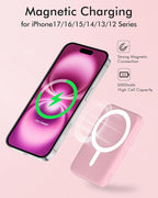 podoru for Magsafe Battery Pack, 5000mAh Magnetic Power Bank with Type-C Cable 20W PD Fast Charging Lighting Input Wireless Portable Charger for iPhone 17/16/15/14/13/12/ All Series-Pink