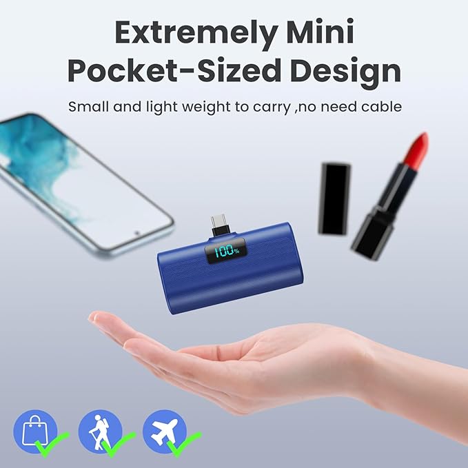 Mini Portable Charger USB C Power Bank,Upgraded 5500mAh PD Fast Charging Battery Pack Built-in USB-C Connector Travel Essential for iPhone17/17Pro/17Pro Max/Air/16 Plus/16Pro Max/15 Series (Deep Blue)