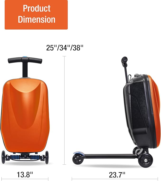 2-in-1 Ride-On Scooter Suitcase for Kids & Adults, 20” Foldable Hardshell Carry-On Luggage for Travel, Lightweight Kids Scooter Bag with Wheels