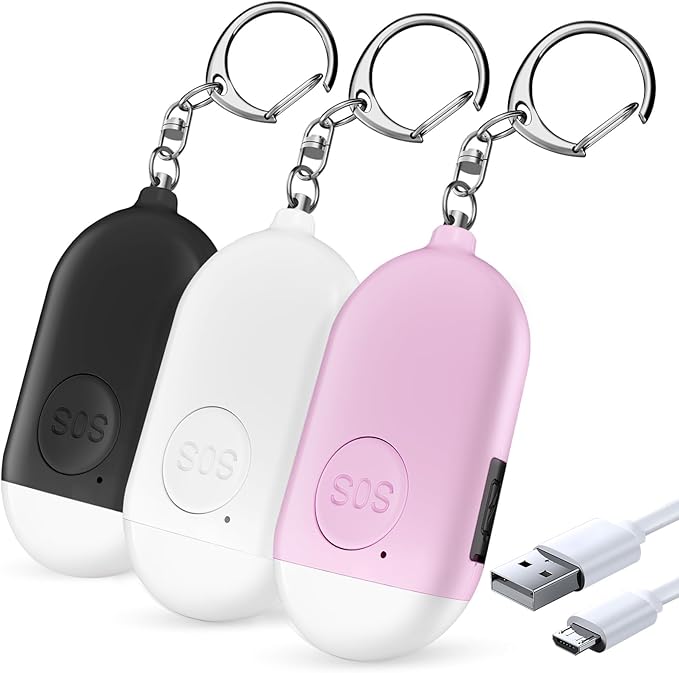 Personal Safety Alarm - 3-Pack - Rechargeable - Strobe LED Flashlight - SOS Emergency Loud Alarm - Self-Defense Keychain - for Women, Students, Kids, and Seniors (White, Pink, and Black